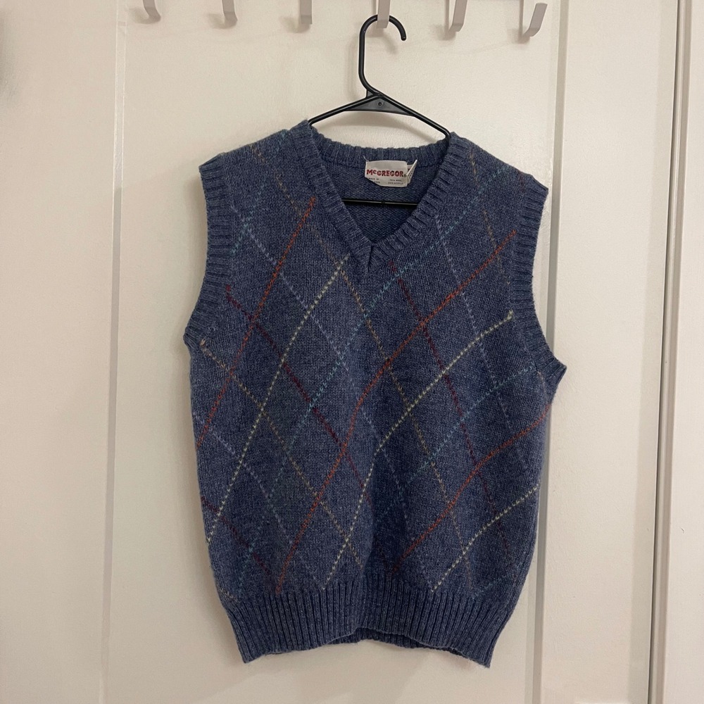 Vintage McGregor Wool Blend Plaid Blue Sweater Vest Preppy Academic Fall College